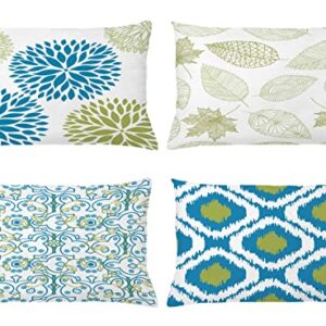 Ambesonne Vintage Throw Pillow CushiCase Pack 4, Bohemian Ornamental Leaves Dahlia Pattern Geometric Art Curlicue Motif, Modern Accent Double-Sided Digital Printing, 20" x 12", Blue Olive Green White