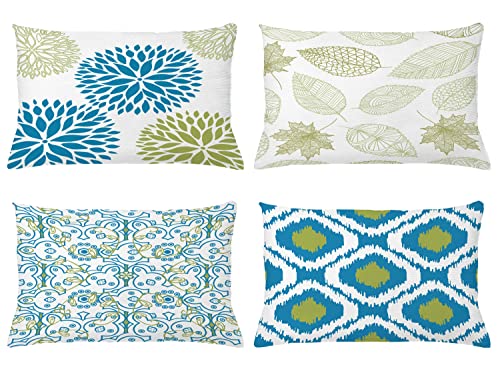 Ambesonne Vintage Throw Pillow CushiCase Pack 4, Bohemian Ornamental Leaves Dahlia Pattern Geometric Art Curlicue Motif, Modern Accent Double-Sided Digital Printing, 20" x 12", Blue Olive Green White