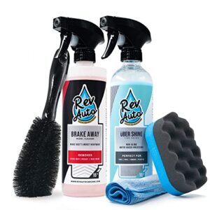 rev auto complete wheel cleaning kit - 5 item car washing kit includes car wheel and tire cleaner, wheel brush, tire shine, tire shine applicator, and drying towel/works for all wheels & tires