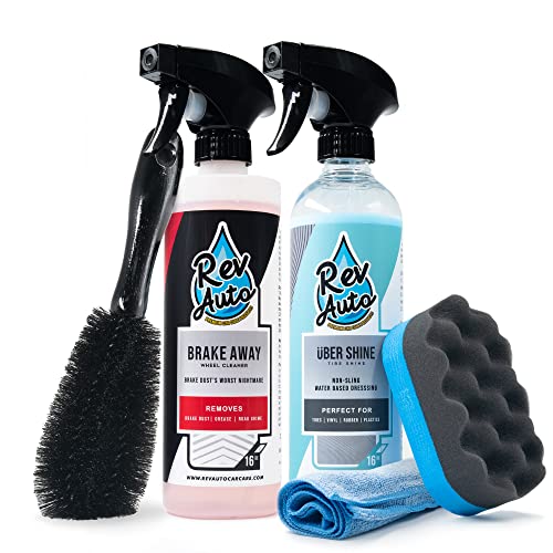 REV Auto Complete Wheel Cleaning Kit - 5 Item Car Washing Kit Includes Car Wheel and Tire Cleaner, Wheel Brush, Tire Shine, Tire Shine Applicator, and Drying Towel/Works for All Wheels & Tires