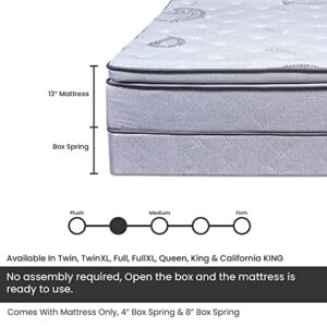 Mayton, 13-Inch Meduim Plush Foam Encased Hybrid Pillowtop Innerspring Mattress & 4" Wood Box Spring Set, Full XL