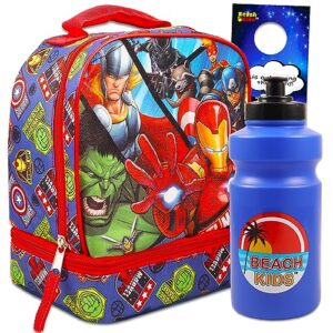 marvel avengers lunch box set for kids - bundle with 2-compartment avengers school lunch bag, water bottle, and door hanger (avengers school supplies)