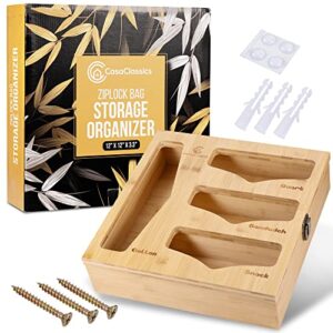 casaclassics ziplock bag storage organizer – eco-friendly bamboo organizer for kitchen drawer – easy to load ziplock bags – wall mountable - compatible with ziploc, solimo, glad, hefty for gallon, quart, sandwich, and snack variety size bag
