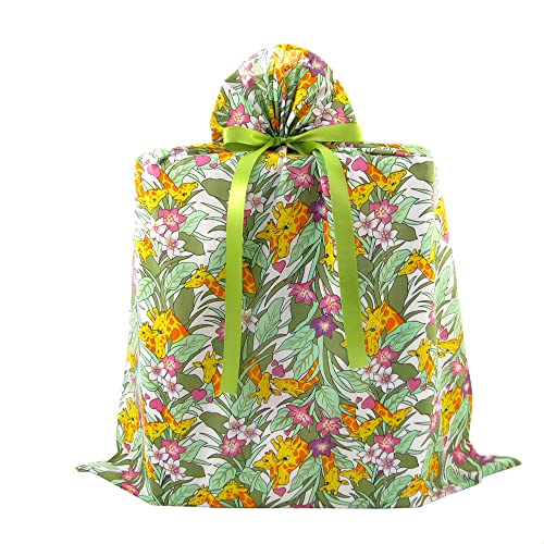 VZWraps Giraffes Reusable Fabric Gift Bag for Baby Shower or Birthday (Jumbo 27 Inches Wide by 33 Inches High)