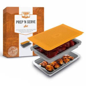 food prep bbq tray - the yukon glory™ grill prep trays include plastic marinade container for marinating meat & stainless steel serving platter for all your grilled barbecue - bbq prep 'n serve™ set