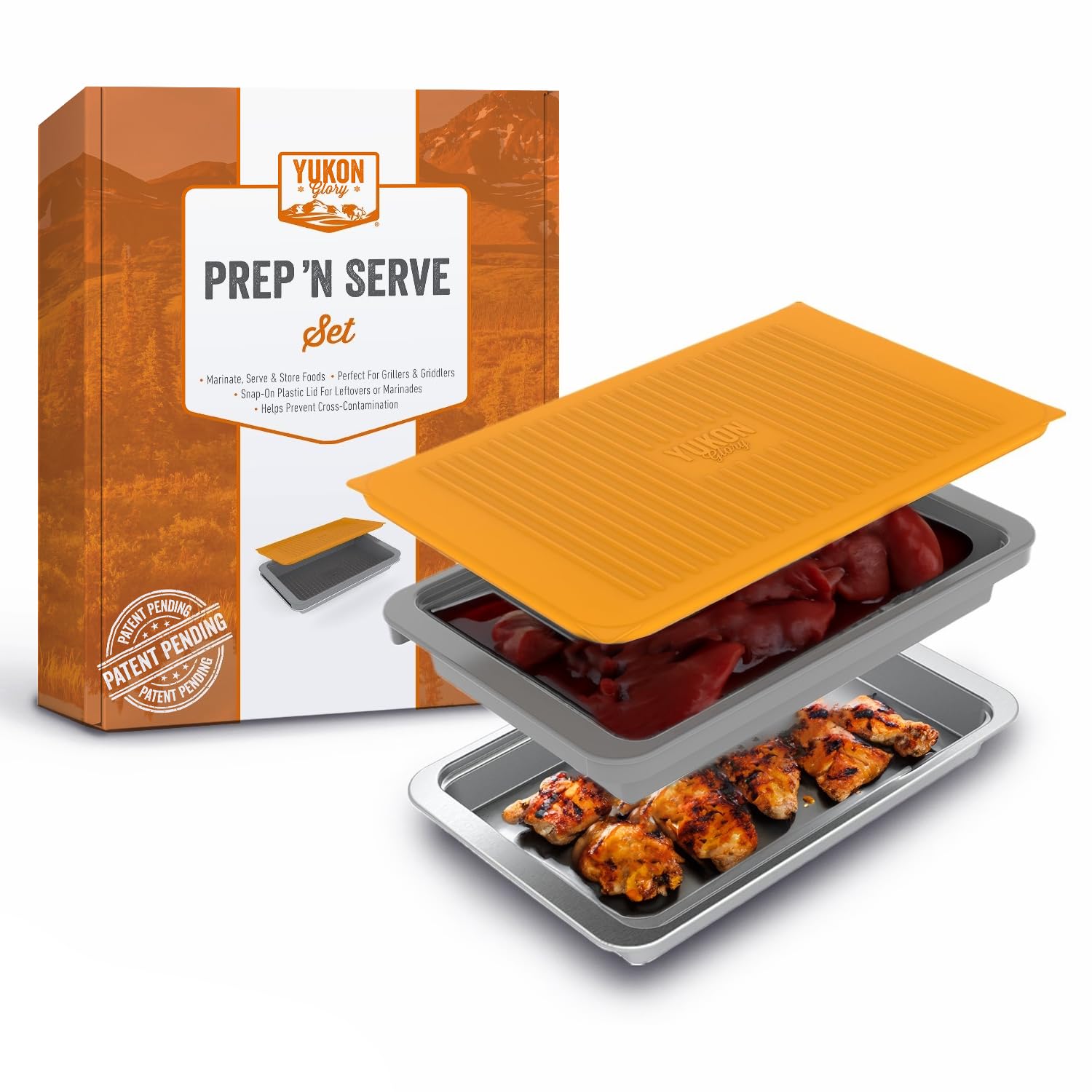 Food Prep BBQ Tray - The Yukon Glory™ Grill Prep Trays Include Plastic Marinade Container for Marinating Meat & Stainless Steel Serving Platter for All Your Grilled Barbecue - BBQ Prep 'N Serve™ Set