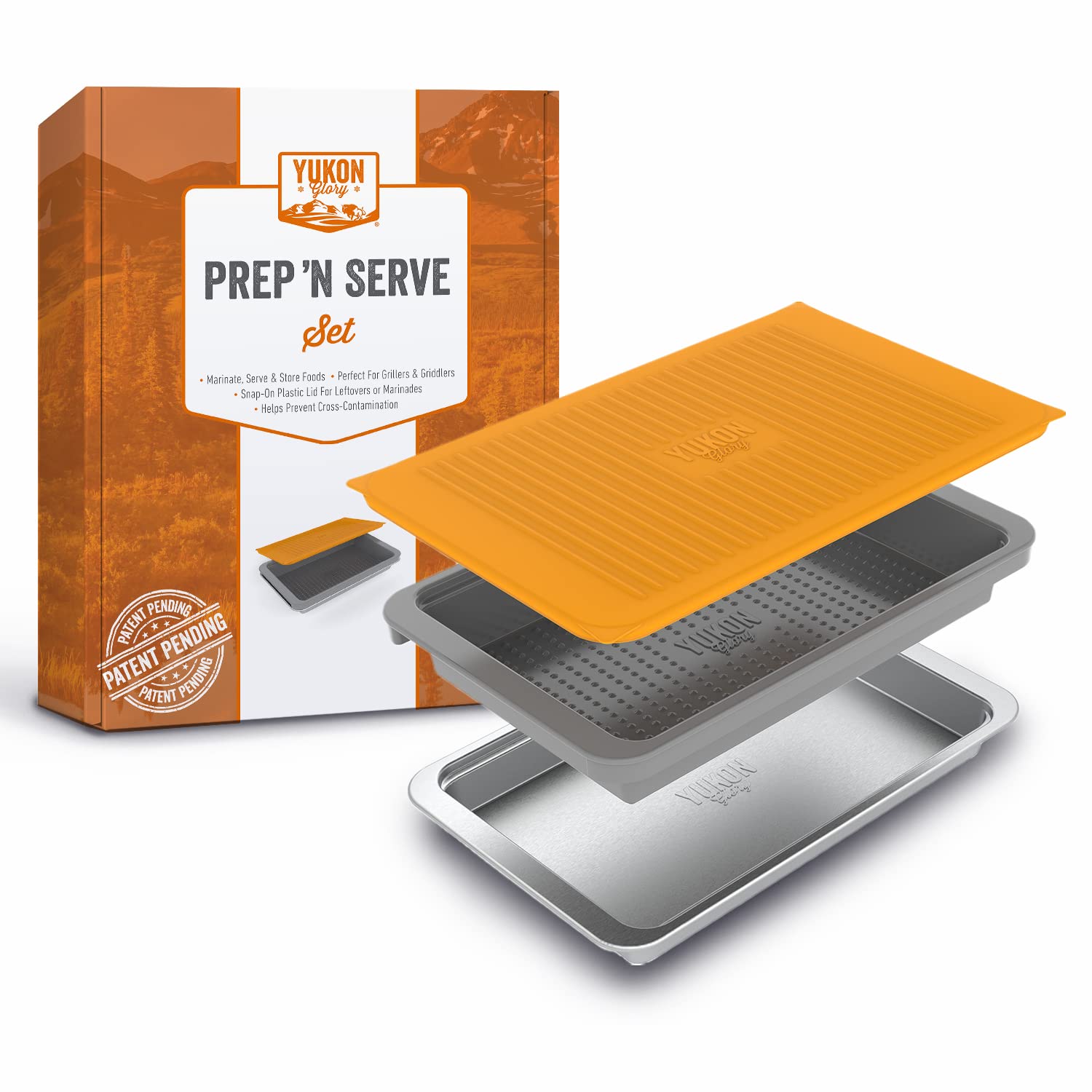 Food Prep BBQ Tray - The Yukon Glory™ Grill Prep Trays Include Plastic Marinade Container for Marinating Meat & Stainless Steel Serving Platter for All Your Grilled Barbecue - BBQ Prep 'N Serve™ Set