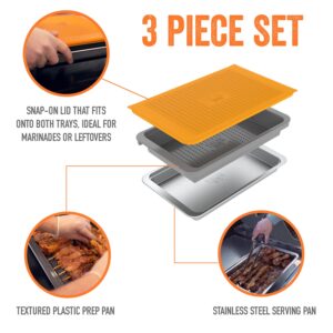 Food Prep BBQ Tray - The Yukon Glory™ Grill Prep Trays Include Plastic Marinade Container for Marinating Meat & Stainless Steel Serving Platter for All Your Grilled Barbecue - BBQ Prep 'N Serve™ Set