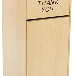 Displays2go Commercial Trash Container for 36 Gallon Bin, Drop Hole and Tray Holder, Thank You Message Engravement, Hinged Door - Maple (LCKDPZTRMP2)