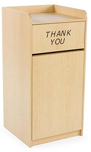 Displays2go Commercial Trash Container for 36 Gallon Bin, Drop Hole and Tray Holder, Thank You Message Engravement, Hinged Door - Maple (LCKDPZTRMP2)