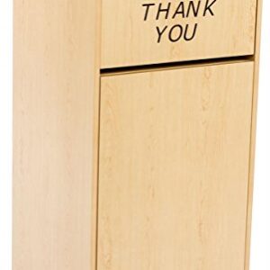 Displays2go Commercial Trash Container for 36 Gallon Bin, Drop Hole and Tray Holder, Thank You Message Engravement, Hinged Door - Maple (LCKDPZTRMP2)