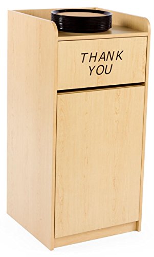 Displays2go Commercial Trash Container for 36 Gallon Bin, Drop Hole and Tray Holder, Thank You Message Engravement, Hinged Door - Maple (LCKDPZTRMP2)