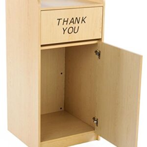 Displays2go Commercial Trash Container for 36 Gallon Bin, Drop Hole and Tray Holder, Thank You Message Engravement, Hinged Door - Maple (LCKDPZTRMP2)