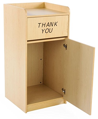 Displays2go Commercial Trash Container for 36 Gallon Bin, Drop Hole and Tray Holder, Thank You Message Engravement, Hinged Door - Maple (LCKDPZTRMP2)