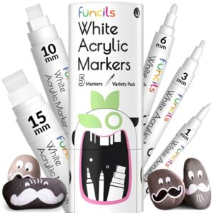 funcils 5 acrylic white paint pens - fine & jumbo size ink pens (1mm, 3mm, 6mm, 10mm, 15mm) - permanent white marker ink for rock painting, fabric, tire, metal, wood, canvas, glass, plastic, ceramic