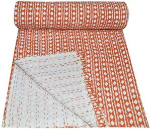 maviss homes indian block print quilt kantha quilts queen size kantha throw quilt blanket kantha bedspreas pure cotton quilt (twin 90 x 60 inch, orange)