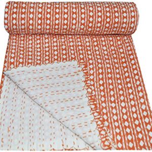 MAVISS HOMES Indian Block Print Quilt Kantha Quilts Queen Size Kantha Throw Quilt Blanket Kantha Bedspreas Pure Cotton Quilt (Twin 90 X 60 Inch, Orange)