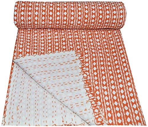 MAVISS HOMES Indian Block Print Quilt Kantha Quilts Queen Size Kantha Throw Quilt Blanket Kantha Bedspreas Pure Cotton Quilt (Twin 90 X 60 Inch, Orange)