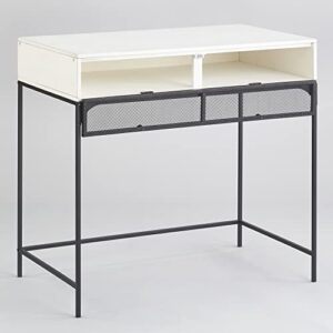 Farmhouse Office Desk - Rustic Desk with Wire Covered Storage - White