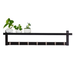 yourwoodstore wall mounted coat rack with shelf, floating shelf, black, wooden, 7 alloy hooks, 35 inch, supports conventional stud spacing(32inch), entryway organizer, key holder