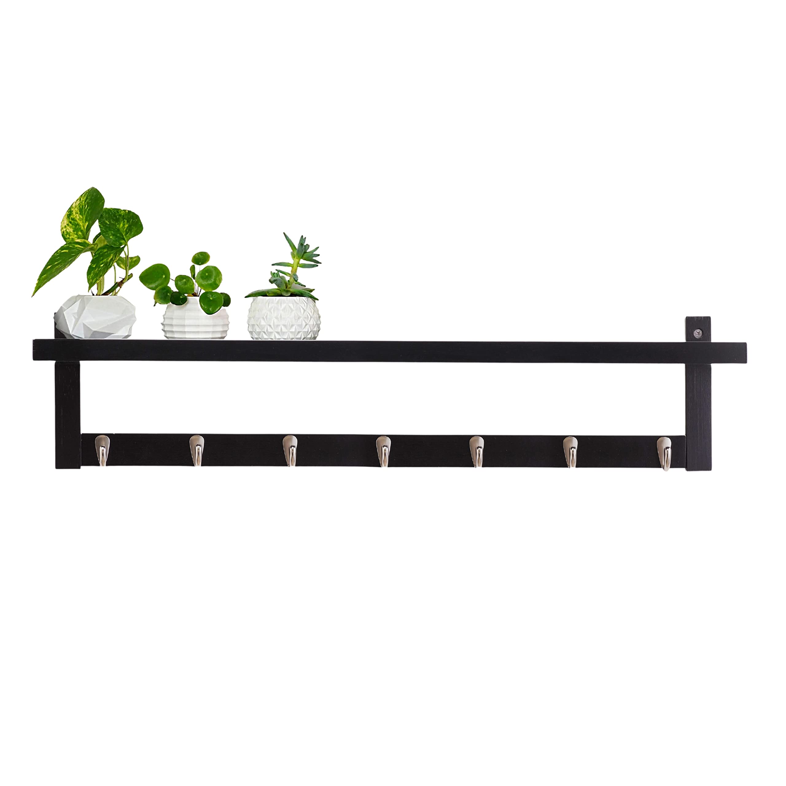 YourWoodStore Wall Mounted Coat Rack with Shelf, Floating Shelf, Black, Wooden, 7 Alloy Hooks, 35 Inch, Supports Conventional Stud Spacing(32Inch), Entryway Organizer, Key Holder