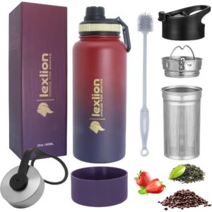 lexlion water bottle 32 oz, triple walled insulated stainless steel reusable, wide mouth, fruit diffuser-thermal leaf infuser, silicone sleeve&cleaning brush, 3 lids leak proof, metal mug gallon
