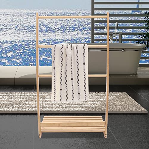 40 Bamboo 3 Tier Towel Rack Quilt Rack Stand or Blanket Rack Extra Tall freestanding Solid Wood Towel Rack with Bottom Storage Shelf for Living Room or Bedroom