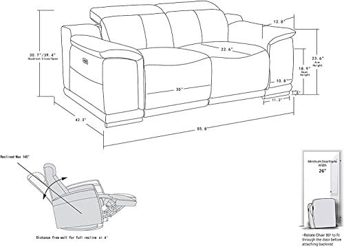 Blackjack Furniture Lorenzo Mid Century Modern Italian Leather Living Room Power Reclining, Sofa, 86", Dark Gray