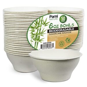 pami 100% biodegradable sugarcane bowls [pack of 50] 6 oz. natural compostable soup bowls- planet-friendly bagasse bowls for hot & cold uses- heavy-duty disposable microwavable paper serving bowls