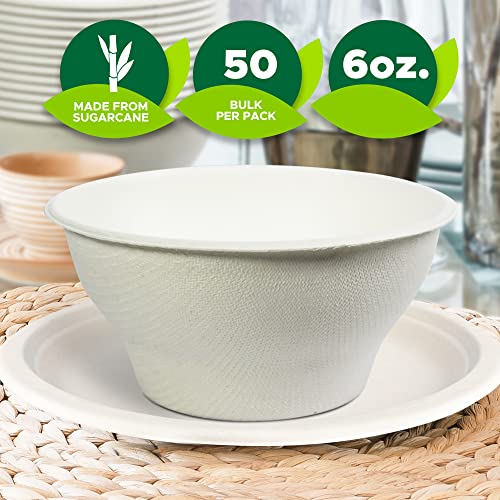 PAMI 100% Biodegradable Sugarcane Bowls [Pack of 50] 6 oz. Natural Compostable Soup Bowls- Planet-Friendly Bagasse Bowls For Hot & Cold Uses- Heavy-Duty Disposable Microwavable Paper Serving Bowls