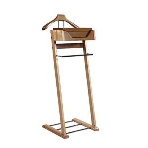 proman products newport suite valet stand vl37034 with top tray, contour hanger, trouser bar, and shoe rack, 18" w x 16" d x 46" h, light walnut