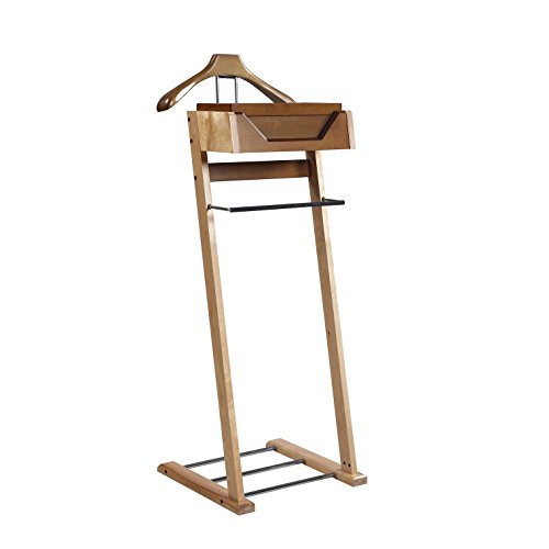 Proman Products Newport Suite Valet Stand VL37034 with Top Tray, Contour Hanger, Trouser Bar, and Shoe Rack, 18" W x 16" D x 46" H, Light Walnut