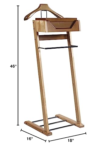 Proman Products Newport Suite Valet Stand VL37034 with Top Tray, Contour Hanger, Trouser Bar, and Shoe Rack, 18" W x 16" D x 46" H, Light Walnut