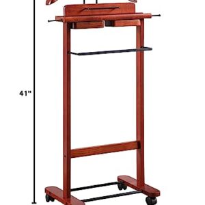 Proman Products Deluxe Suit Valet Stand VL36204 with Top Tray, Slide Out Tray, Contour Hanger, Trouser Bar, Tie & Belt Hooks and Shoe Rack, 17" W x 13" D x 41" H, Dark Cherry