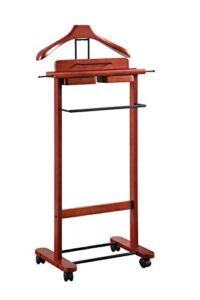 proman products deluxe suit valet stand vl36204 with top tray, slide out tray, contour hanger, trouser bar, tie & belt hooks and shoe rack, 17" w x 13" d x 41" h, dark cherry