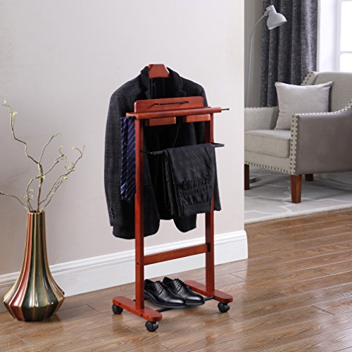 Proman Products Deluxe Suit Valet Stand VL36204 with Top Tray, Slide Out Tray, Contour Hanger, Trouser Bar, Tie & Belt Hooks and Shoe Rack, 17" W x 13" D x 41" H, Dark Cherry