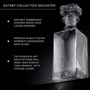 JoyJolt Gatsby Glass Whiskey Decanter. 27 oz Airtight Liquor Dispenser. Liquor Decanter with Stopper. Art Deco Bottle for Whisky, Bourbon, Scotch, Brandy, Cognac, Rum and Bar Cart Accessories