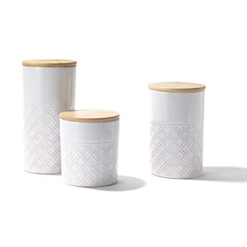 American Atelier Diamond Embossed Canister 3-Piece Ceramic Set Jar Container with Wooden Lids for Cookies, Candy, Coffee, Flour, Sugar, Rice, Pasta, Cereal & More