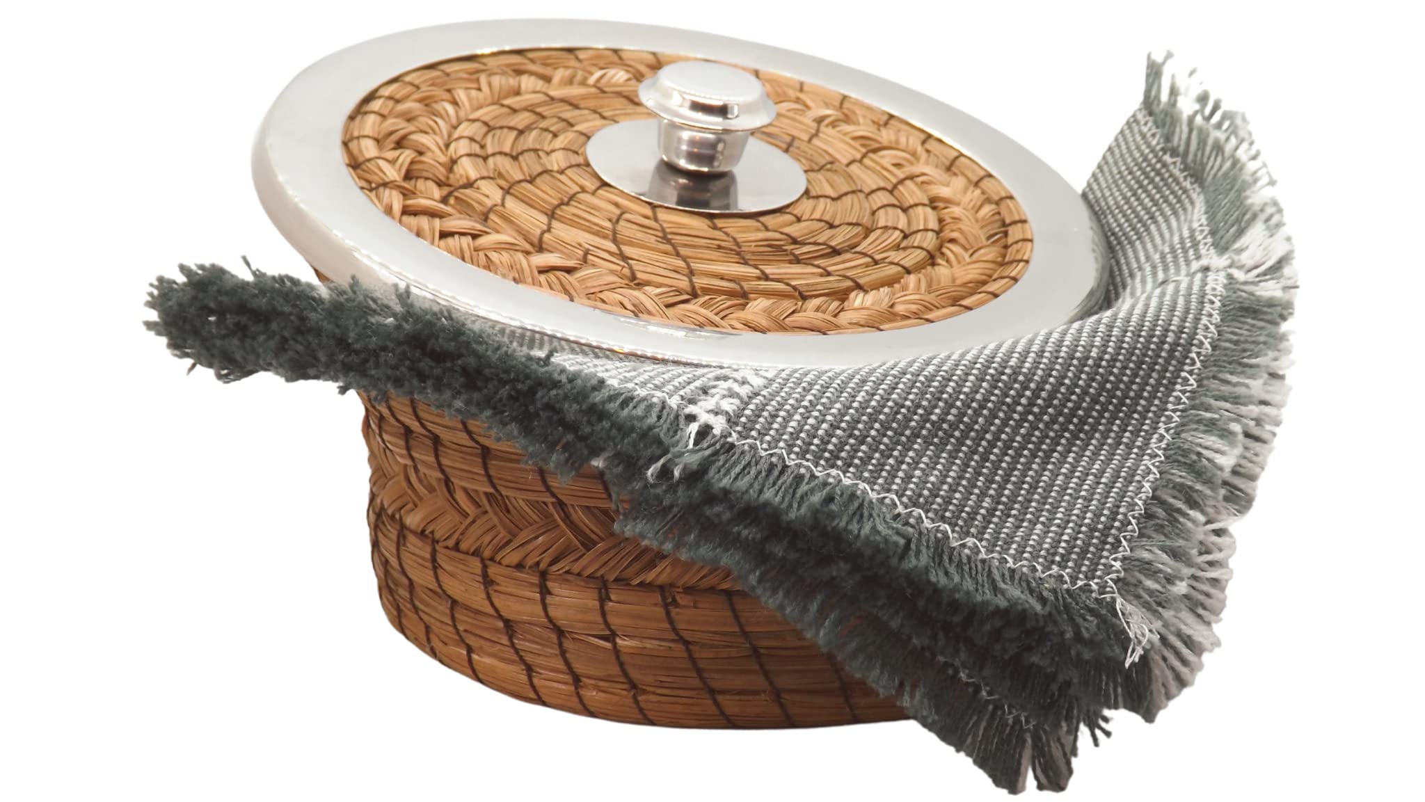 MEXTEQUIL - Authentic Mexican Tortilla Warmer Basket - Pine Needle Handwoven with Handloomed Cloth (Small Metal Rim w cloth)