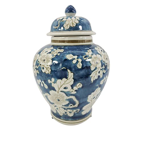 Galt International Blue and White Flower Chinoiserie Ginger Jar 12" w/Lid Ginger Jar, Tea Storage Decorative Home Decor Jar