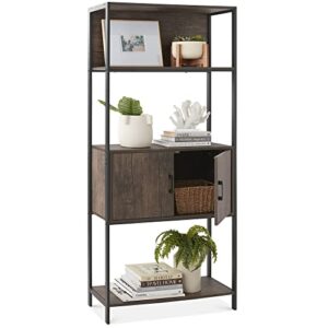 best choice products 4-tier bookshelf, tall bookcase, wood storage cabinet for living room, bedroom, entryway, home office w/cabinet, enclosed storage, shelf space, metal sturdy frame - dark walnut