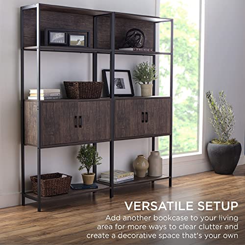 Best Choice Products 4-Tier Bookshelf, Tall Bookcase, Wood Storage Cabinet for Living Room, Bedroom, Entryway, Home Office w/Cabinet, Enclosed Storage, Shelf Space, Metal Sturdy Frame - Dark Walnut