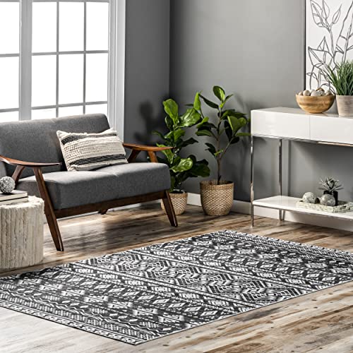 nuLOOM Madlyn Tribal Machine Washable Ultra Thin Area Rug, 4' x 6', Charcoal