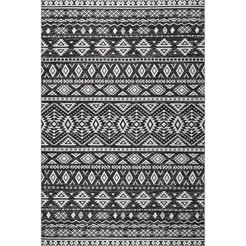 nuLOOM Madlyn Tribal Machine Washable Ultra Thin Area Rug, 4' x 6', Charcoal