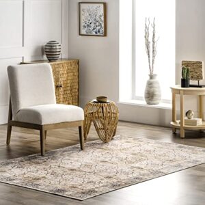 nuloom annelle floral border machine washable ultra thin area rug, 5' x 8', beige