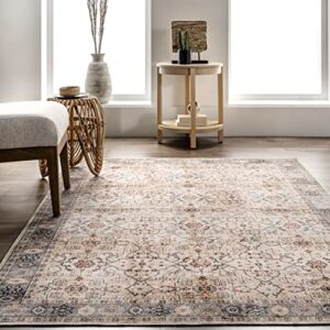 nuLOOM Annelle Floral Border Machine Washable Ultra Thin Area Rug, 5' x 8', Beige