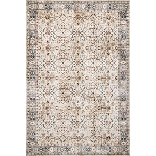 nuLOOM Annelle Floral Border Machine Washable Ultra Thin Area Rug, 5' x 8', Beige