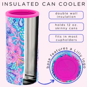 Lilly Pulitzer Slim Can Cooler, Double Wall Stainless Steel, Insulated Drink Sleeve for 12 Oz Skinny Bottles and Seltzers, Splendor in the Sand