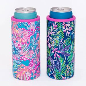 Lilly Pulitzer Slim Can Cooler, Double Wall Stainless Steel, Insulated Drink Sleeve for 12 Oz Skinny Bottles and Seltzers, Splendor in the Sand