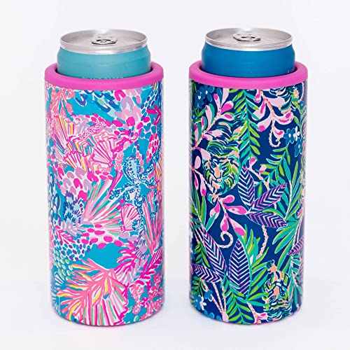 Lilly Pulitzer Slim Can Cooler, Double Wall Stainless Steel, Insulated Drink Sleeve for 12 Oz Skinny Bottles and Seltzers, Splendor in the Sand